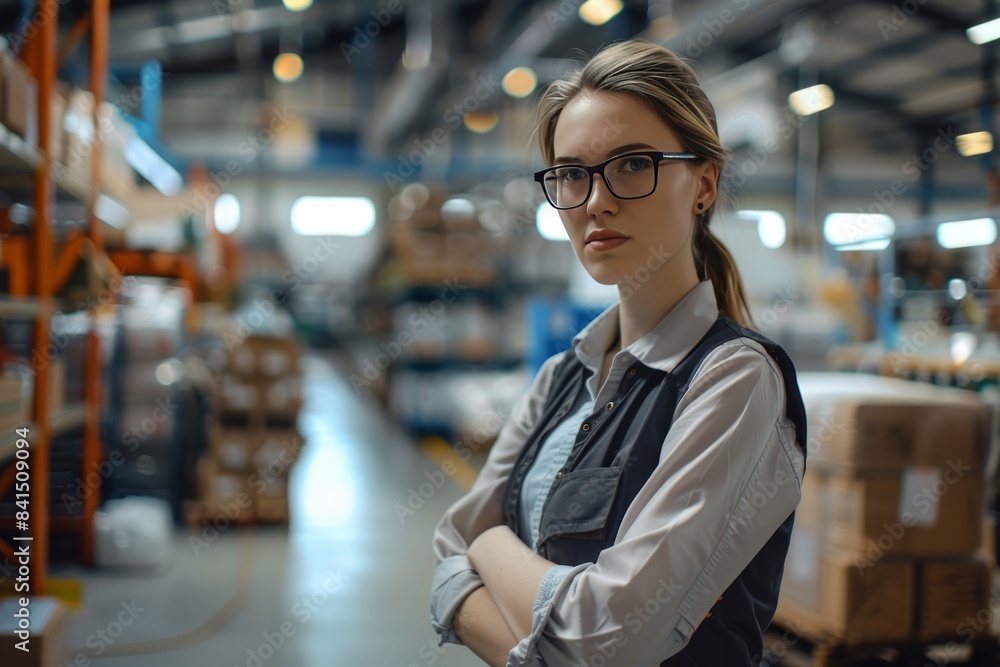 a young woman with glasses works in a warehouse. She stands against the backdrop of high shelves with goods with her arms crossed. a young woman with glasses works in a warehouse. She stands against the backdrop of high shelves with goods with her arms crossed.