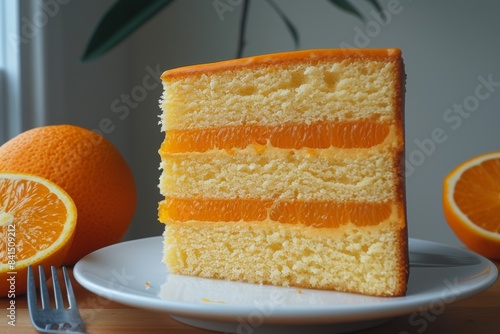 Orange layer cake with smooth buttercream frosting, served on a white plate for a rich dessert