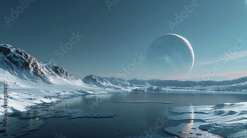 A serene, icy moon with frozen lakes, orbiting a gas giant