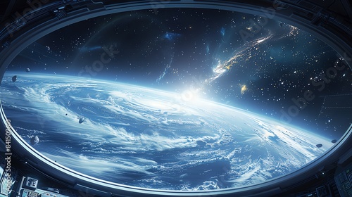 A serene view of a distant galaxy with spiraling arms, seen from a spaceship window photo
