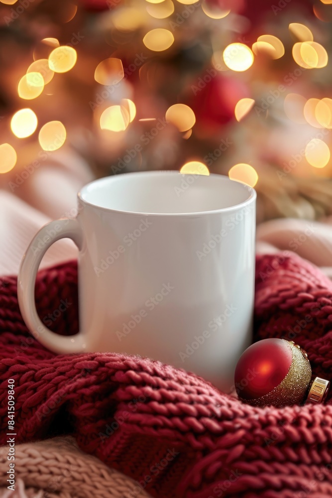 Festive Holiday Mug Surrounded by Christmas Decorations and Warm Lights Festive Holiday Mug Surrounded by Christmas Decorations and Warm Lights