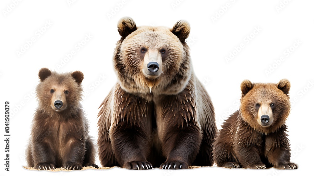 Fototapeta premium A mother bear and her two cubs together isolated on white background 
