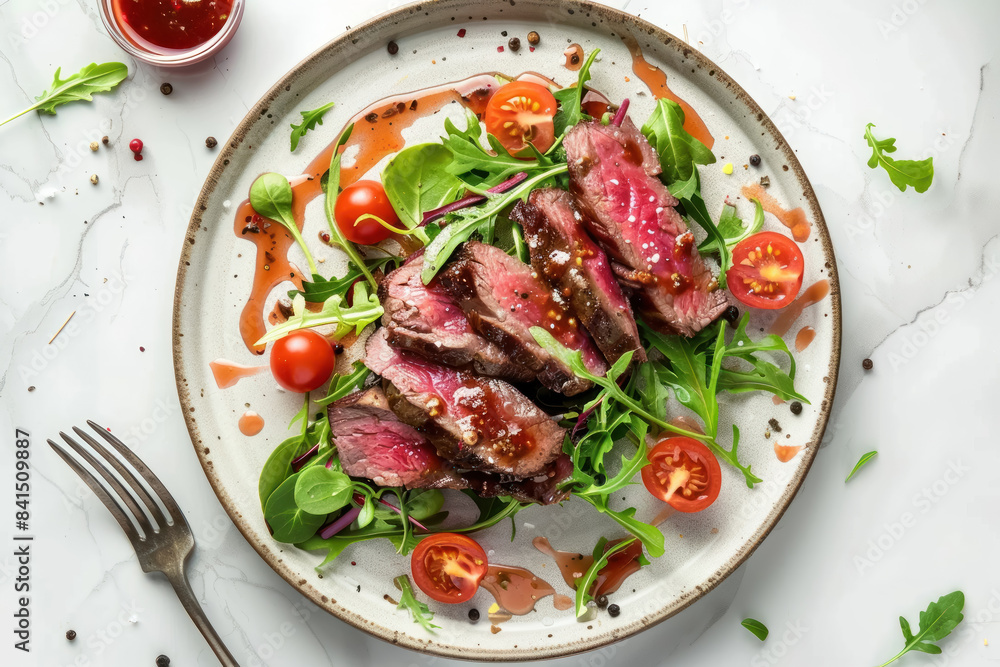 gourmet beef steak sliced and served with fresh salad on a stylish white plate gourmet beef steak sliced and served with fresh salad on a stylish white plate