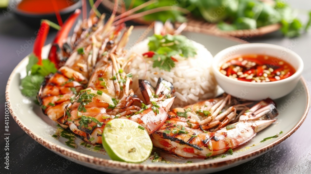 A plate of Thai-style grilled river prawns served with tangy dipping sauce, fresh herbs, and a side of sticky rice A plate of Thai-style grilled river prawns served with tangy dipping sauce, fresh herbs, and a side of sticky rice