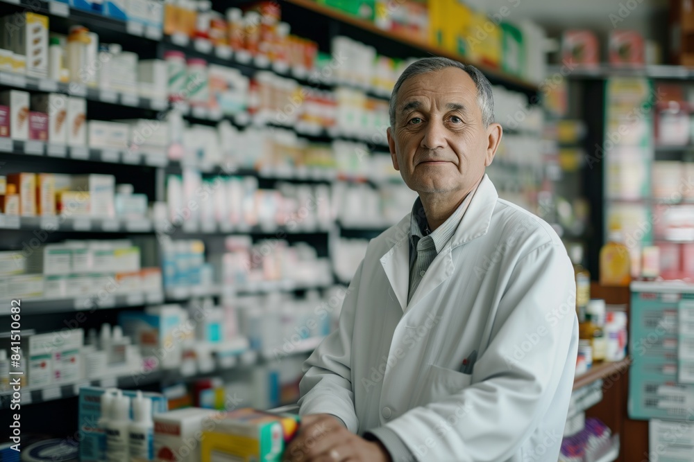 an experienced pharmacist in a white coat standing behind the counter in a pharmacy and smiling. Around it are shelves filled with various medicines and health products. an experienced pharmacist in a white coat standing behind the counter in a pharmacy and smiling. Around it are shelves filled with various medicines and health products.