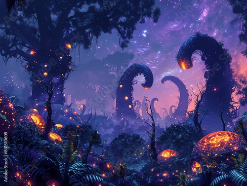 An alien jungle on a distant planet, with strange plants and glowing creatures photo