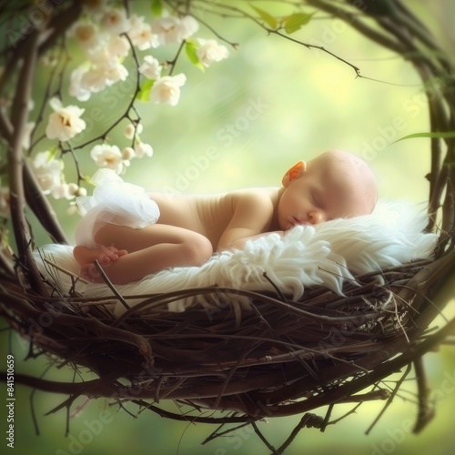 Newborn sleeping in a birds nest and flowers around photo