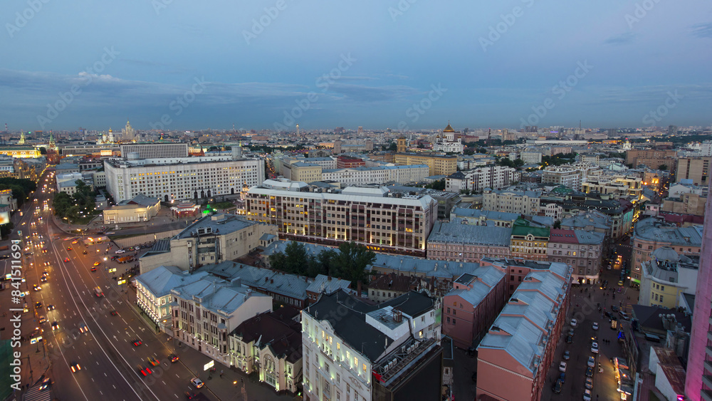 Fototapeta premium Panoramic view of the building from the roof of center Moscow day to night timelapse, Russia