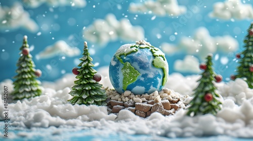 A snow globe with a globe on top of it and a tree in the background. The scene is set in a winter wonderland with a blue sky in the background
