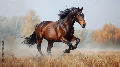 Majestic Horse Galloping Across Autumnal Meadow in Free Motion