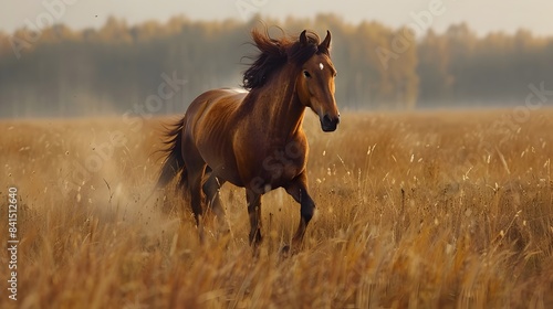 Majestic Horse Galloping Freely Across an Open Autumn Meadow in Natural Countryside Landscape