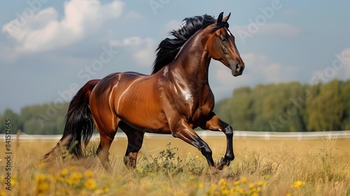 Majestic Horse Galloping Freely Across Open Meadow in Scenic Rural Landscape © Thares2020