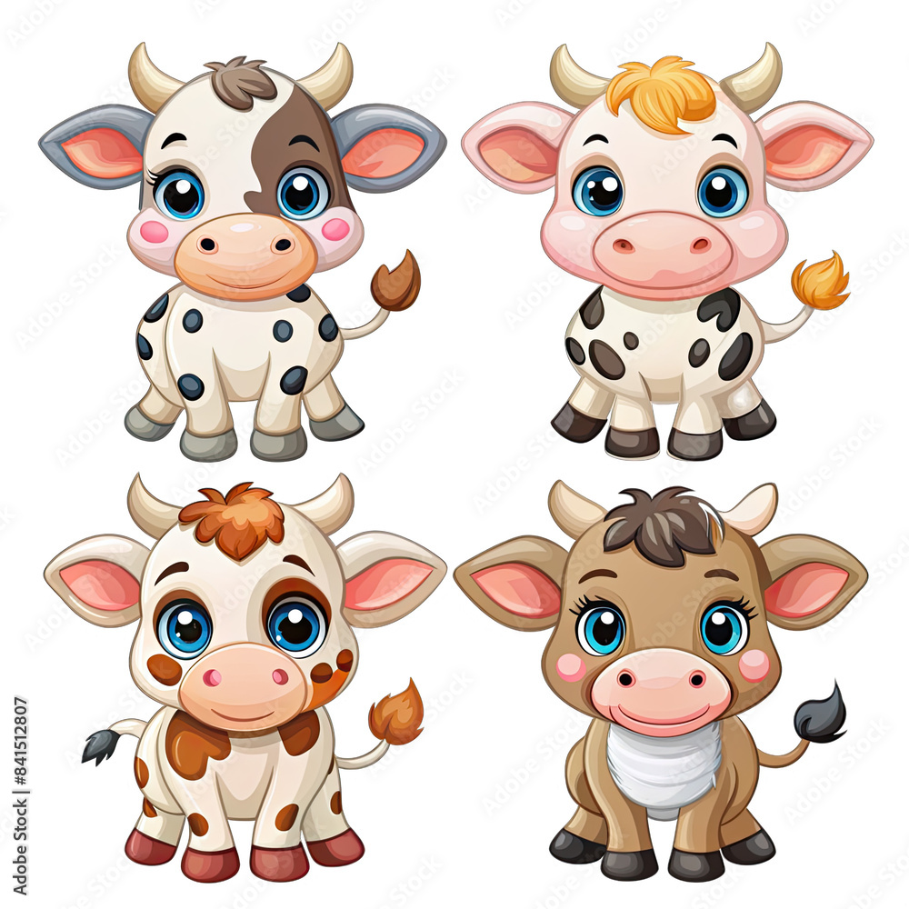 Fototapeta premium This image features a set of four adorable baby cow cartoons, each with unique markings and expressions. They are isolated on a white background and perfect for childrens books, illustrations, or digi