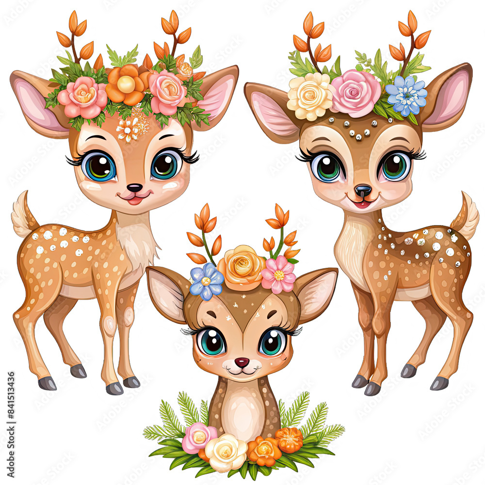 Obraz premium Adorable cartoon illustration of three baby deer wearing floral crowns. The deer are brown with white spots and have large, bright eyes. The image is perfect for childrens books, cards, and other cute