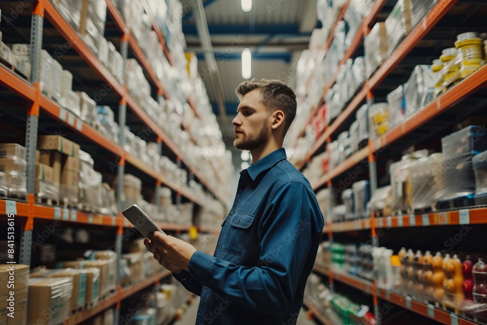 a warehouse worker who walks between rows of shelves with a tablet computer in his hands, checking the remaining goods. Rows of shelving are filled with boxes and various items, creating an organized a warehouse worker who walks between rows of shelves with a tablet computer in his hands, checking the remaining goods. Rows of shelving are filled with boxes and various items, creating an organized