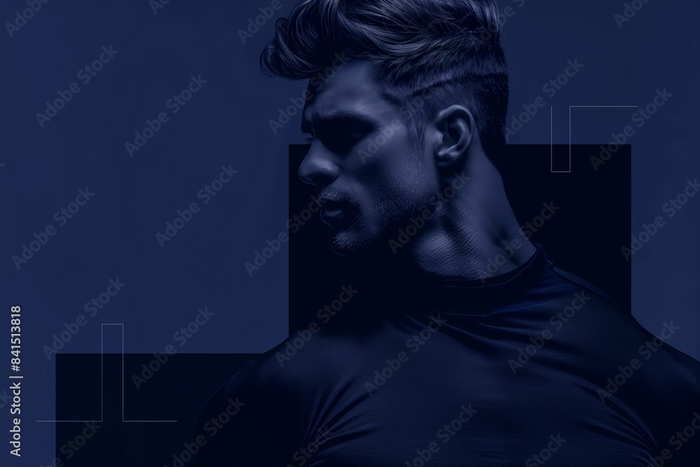 Fototapeta premium a young man standing by the wall and looking into the distance. The lighting creates an interesting play of shadows on the wall behind him, emphasizing his profile. The tonality of the image is in dee