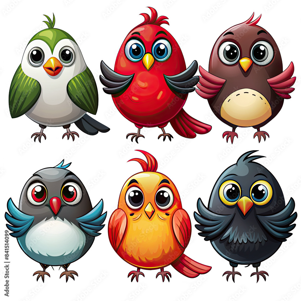 Fototapeta premium A collection of six cute cartoon birds with different colors and features, isolated on a white background. Generative AI