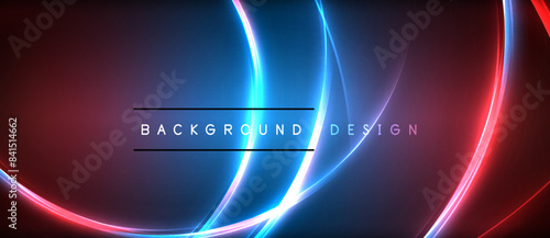 Neon glowing circle rays, light round lines in the dark, planet style neon wave lines. Energetic electric concept design for wallpaper, banner, background