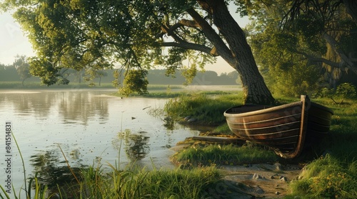 A tranquil riverside scene with a wooden boat moored at the shore. photo
