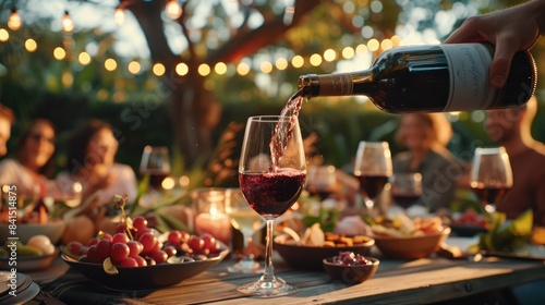  A bottle of wine is being poured into the glass, surrounded by people at an outdoor photo