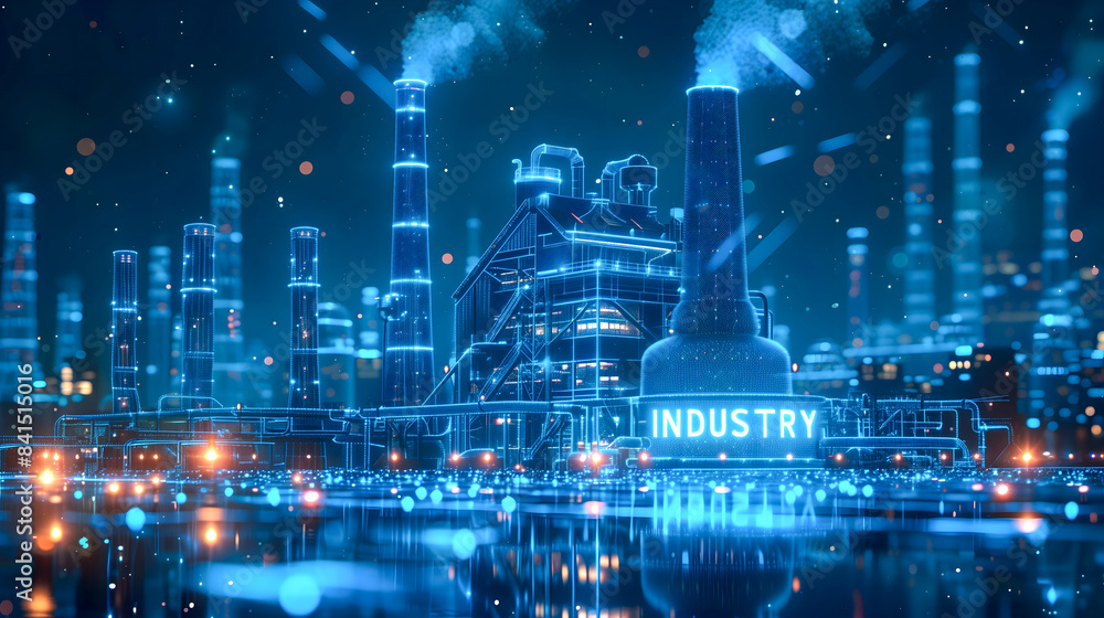 stylized factory with chimneys, illustrated with glowing blue lines and dots on a dark background, the word 