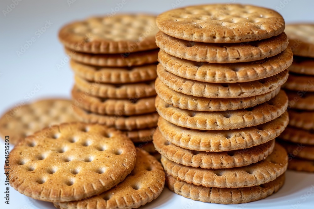 Stack of peanut butter cookies with a crisscross pattern, presented on a white surface for a sweet treat Stack of peanut butter cookies with a crisscross pattern, presented on a white surface for a sweet treat