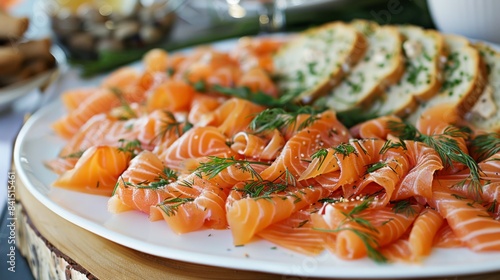 A platter of salmon gravlax, thinly sliced cured salmon garnished with dill and served with mustard sauce and toast points, a classic Scandinavian appetizer