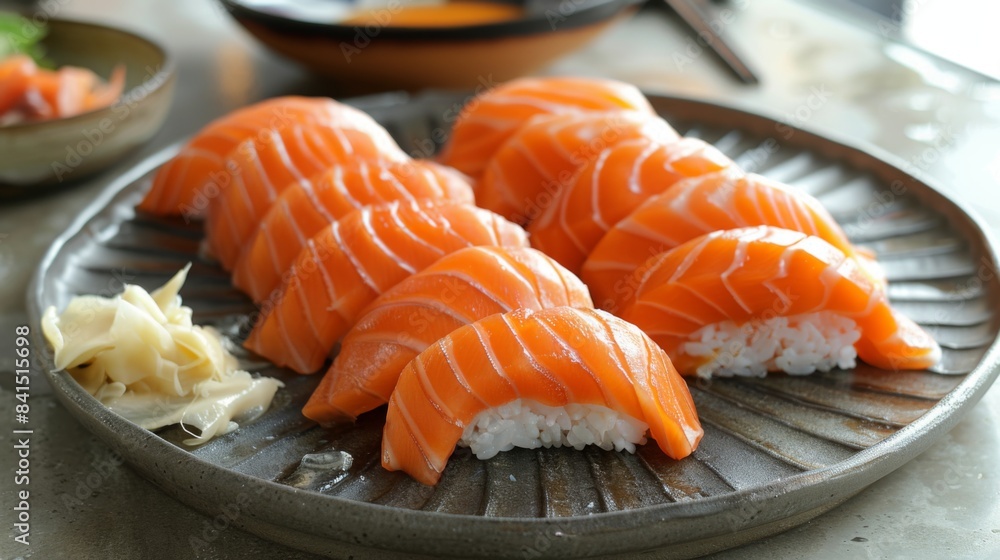 A platter of salmon nigiri sushi, showcasing slices of fresh fish draped over bite-sized mounds of seasoned rice, served with pickled ginger and wasabi A platter of salmon nigiri sushi, showcasing slices of fresh fish draped over bite-sized mounds of seasoned rice, served with pickled ginger and wasabi