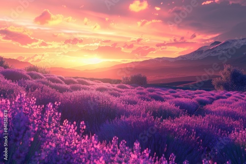 A field of purple flowers with a mountain in the background  suitable for use in nature  landscape or travel images