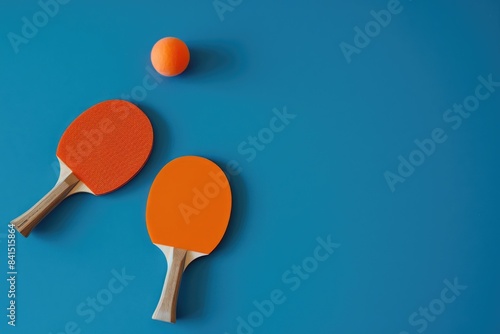 Two ping pong paddles and a ball on a blue surface