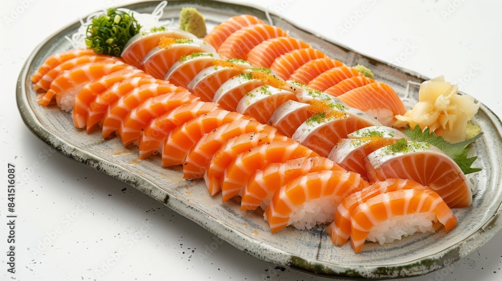 A platter of salmon nigiri sushi, showcasing slices of fresh fish draped over bite-sized mounds of seasoned rice, served with pickled ginger and wasabi A platter of salmon nigiri sushi, showcasing slices of fresh fish draped over bite-sized mounds of seasoned rice, served with pickled ginger and wasabi
