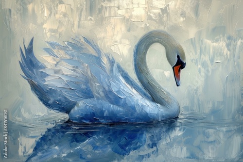 Fototapeta Naklejka Na Ścianę i Meble -  Elegant and serene blue swan painting with textured feathers and graceful reflection in water, a unique and modern artwork perfect for interior design and home decoration