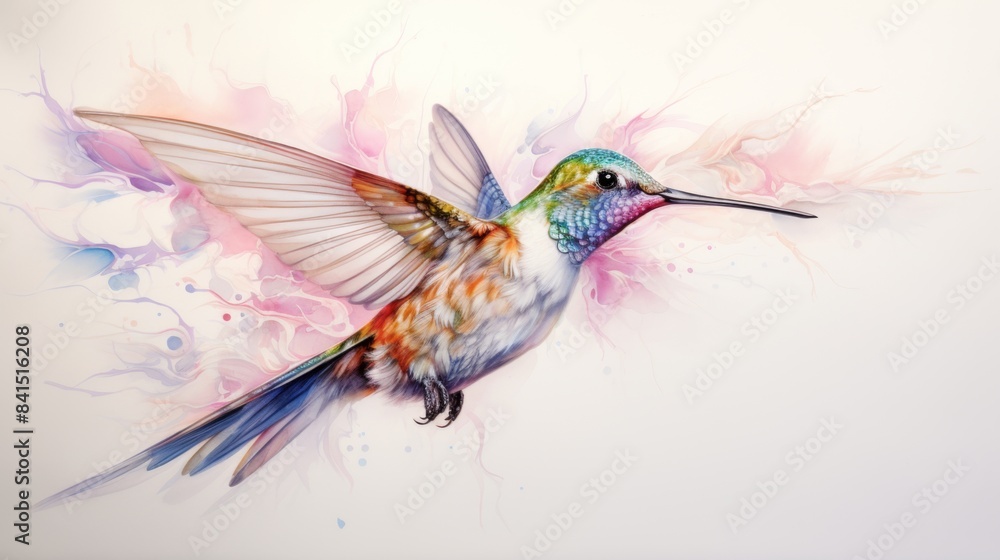 Obraz premium A colorful hummingbird is flying through a pink and blue background