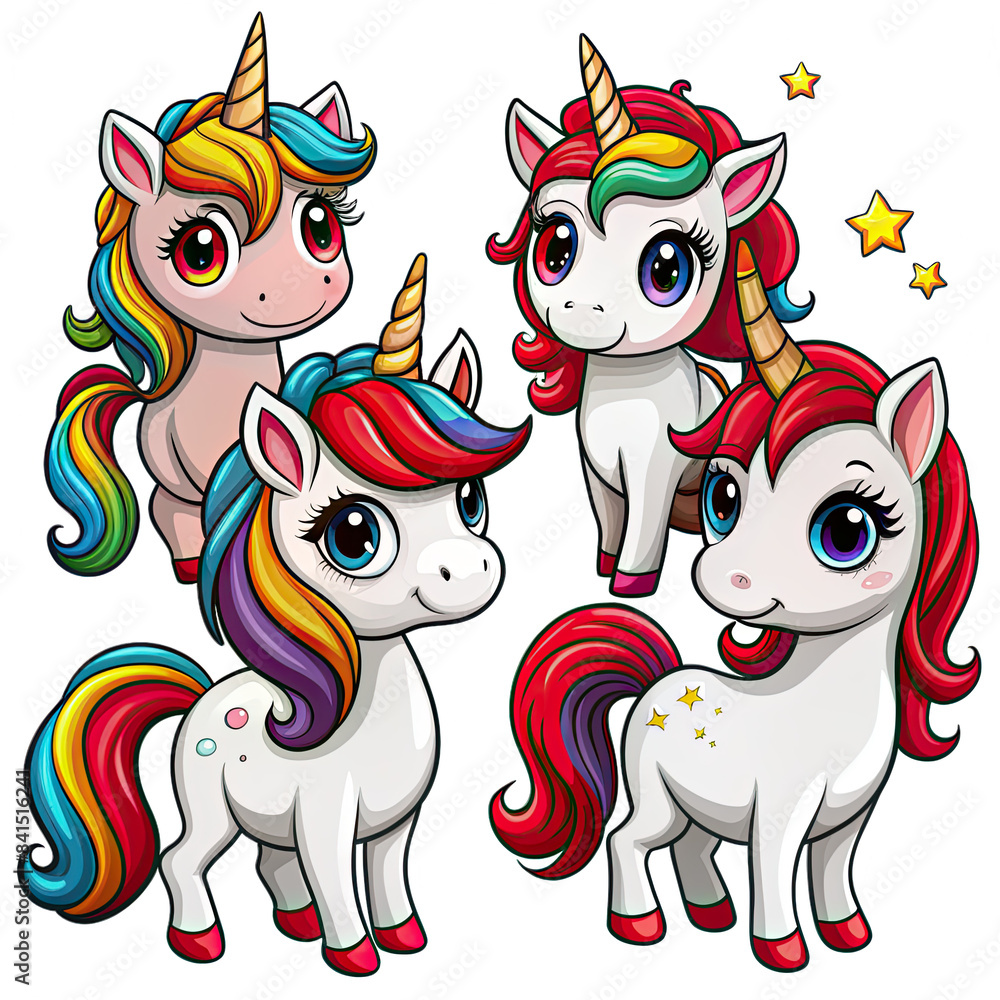 A digital illustration of four adorable cartoon unicorns with rainbow manes and tails standing on a white background. Generative AI A digital illustration of four adorable cartoon unicorns with rainbow manes and tails standing on a white background. Generative AI