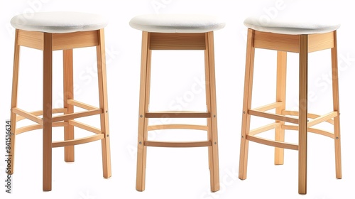 Set of three light wooden bar stools with white cushioned seats on a plain white background  showcasing modern and minimalist design.