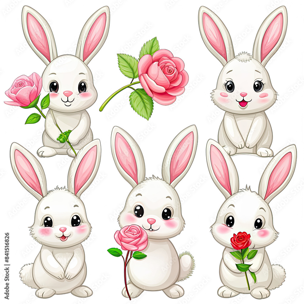 A set of five cute, white cartoon bunnies holding roses. The bunnies are smiling and looking at the viewer. Generative AI A set of five cute, white cartoon bunnies holding roses. The bunnies are smiling and looking at the viewer. Generative AI