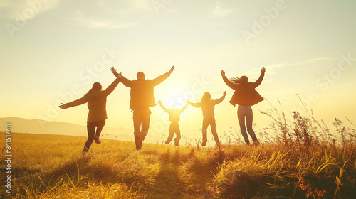 A silhouette of a family holding hands and jumping in joy against a sunset  nature background  conveying a concept of happiness and togetherness. Generative AI
