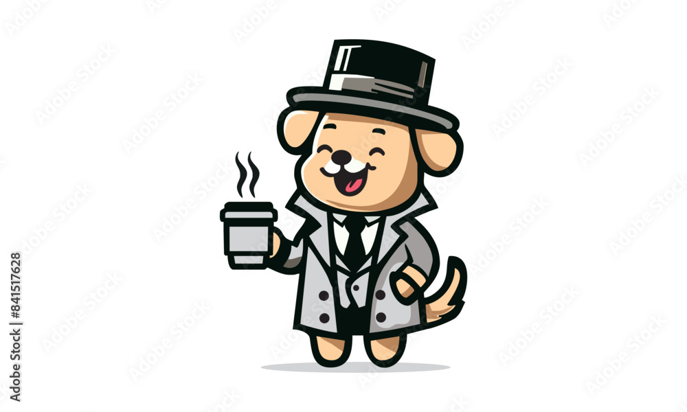 Happy Cute Dog drinking coffee wearing a hat and suit
