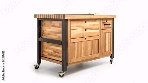 Wooden rolling workbench with drawers and shelves, featuring a sturdy metal frame and lockable wheels for stability and mobility.