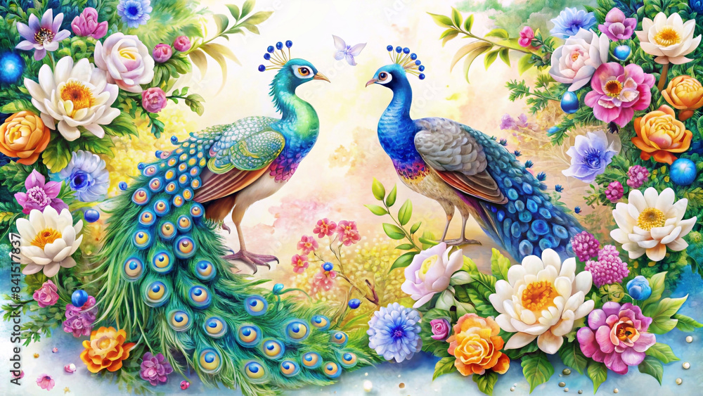 Obraz premium Two beautiful peacocks facing each other. Beautiful for decorating cards or other uses. It's a beautiful background.