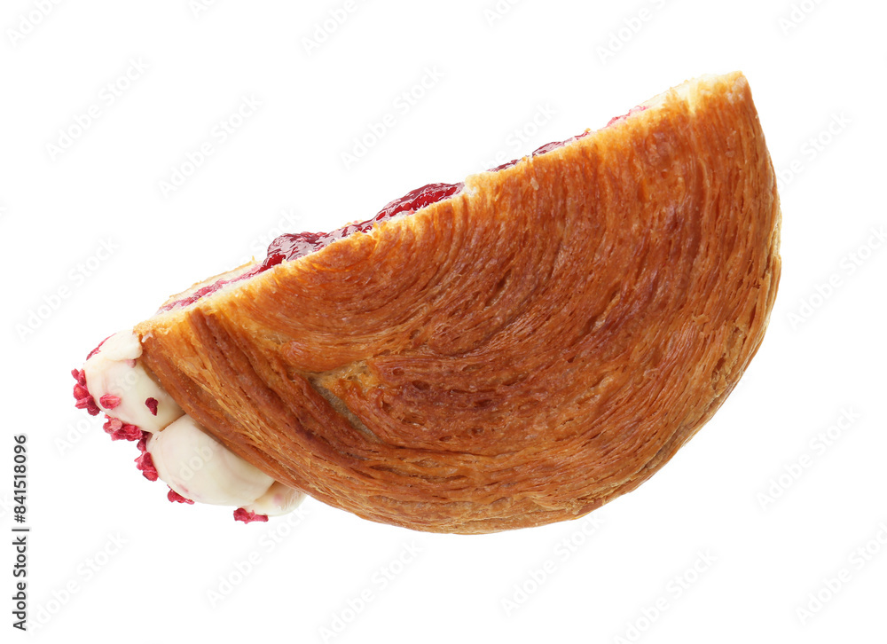 Half of round croissant with jam isolated on white. Tasty puff pastry Half of round croissant with jam isolated on white. Tasty puff pastry