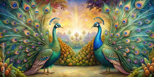 Two beautiful peacocks facing each other. Beautiful for decorating cards or other uses. It's a beautiful background.