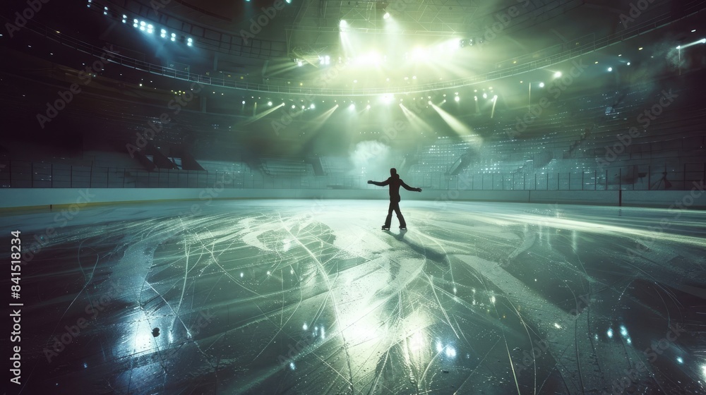 A velvety ice rink, gleaming under the spotlight's glare, where graceful figures dance in a symphony of speed and elegance.