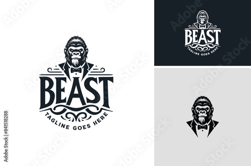 Fierce Gorilla Boss in a Suit. Male Beast Silverback wears Gentleman Tuxedo and Bow Tie vintage fashion label logo design