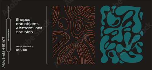 Set of abstract shapes and lines. Collec􀆟on of amorphous objects and drops of various irregular shapes on a dark isolated background. Graphic elements for your design.