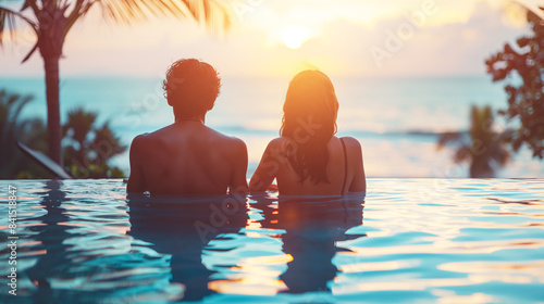 A couple enjoying a sunset while in an infinity pool  tropical background  embodies a concept of relaxation. Generative AI