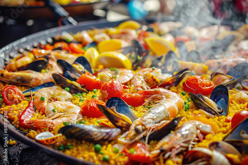 Steaming seafood paella with shrimp, mussels, and tomatoes