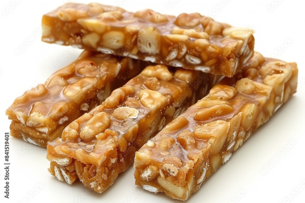 Nutty caramel bars with a crunchy texture, arranged on a white surface for a delicious snack Nutty caramel bars with a crunchy texture, arranged on a white surface for a delicious snack