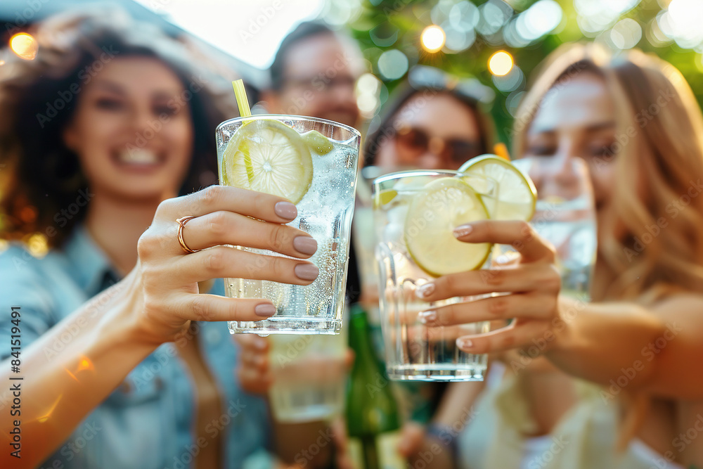 Fototapeta premium Friends raise glasses of lemon water during outdoor gathering