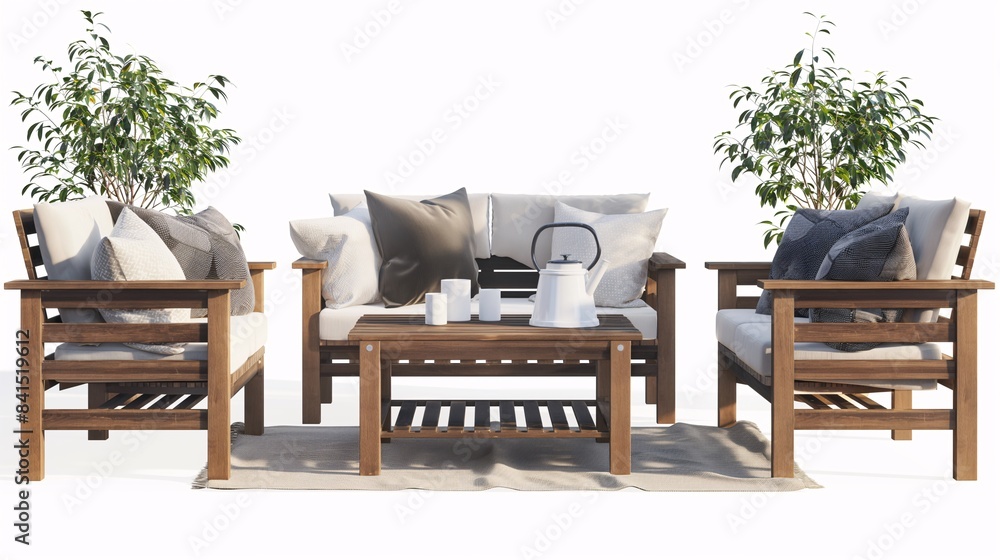 Fototapeta premium Cozy outdoor seating area with wooden furniture, cushioned seats, coffee table, and potted plants, perfect for relaxation and gatherings.